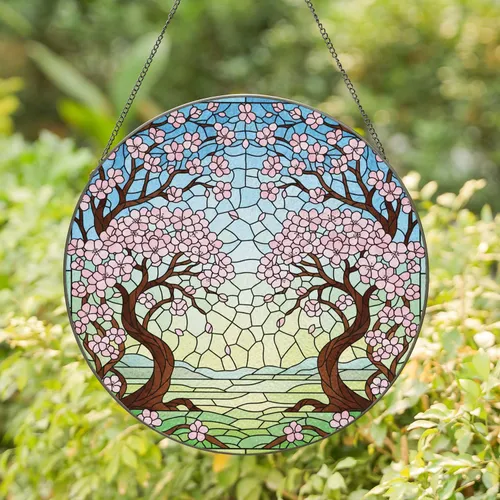 Cherry Blossom Trees with Pink Flowers and Falling Petals - Home Decor Gift Stained Glass Suncatcher