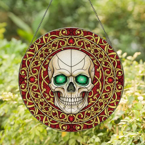 Ornate Human Skull Green Eyes Gold Filigree Red Accents - Halloween Party Home Decor Gift for Display Stained Glass Suncatcher