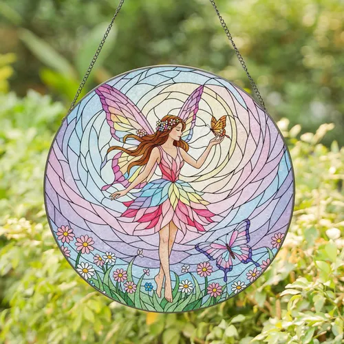 Fairy Iridescent Butterfly Wildflower Meadow Celestial Sky - Home Decor Gift for Fairy Lover Stained Glass Suncatcher