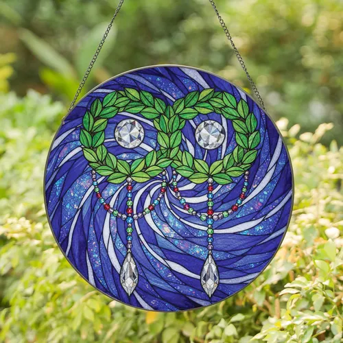Intertwined Botanical Wreaths Clear Glass Gem Sapphire Mosaic - Home Decor Gift Stained Glass Suncatcher