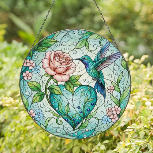 Iridescent Hummingbird Rose Teal Heart Garden - Home Decor Gift for Garden Lover Stained Glass Suncatcher