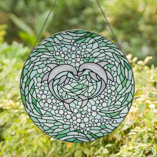 Dolphins Heart Shape Bubbles Water - Marine Life Decor Gift for Ocean Lover Stained Glass Suncatcher