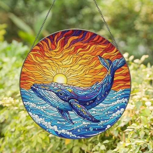 Mosaic Whale Ocean Currents Sunset - Home Decor Gift for Wildlife Lover Stained Glass Suncatcher