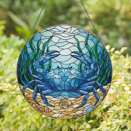 Blue Crab Seashell Seaweed Underwater Scene - Home Decor Gift for Ocean Lover Stained Glass Suncatcher