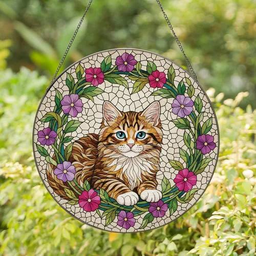 Fluffy Tabby Kitten Stained Glass Flowers - Home Decor Gift for Cat Lover Stained Glass Suncatcher