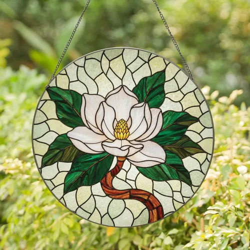 Grand White Magnolia Bloom Stained Glass Mosaic Luminous Home Decor Gift for Garden Lover Stained Glass Suncatcher