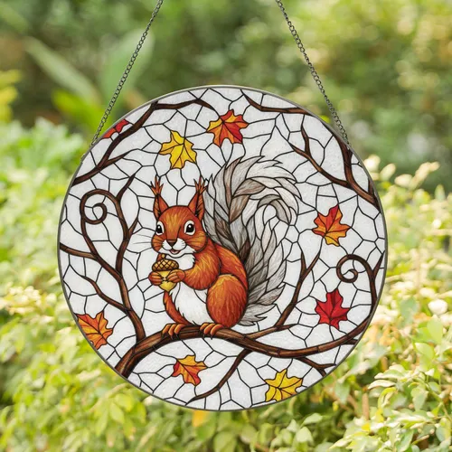 Edge to Edge Squirrel Acorn Autumn Leaves - Wildlife Lover Home Decor Gift Stained Glass Suncatcher