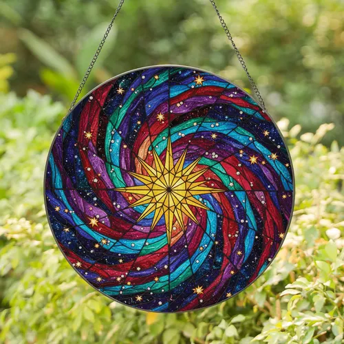 Golden Starburst Galactic Nebula Swirls - Celestial Home Decor Gift for Space Lover Stained Glass Suncatcher
