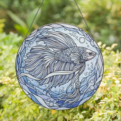 Betta Fish Flowing Fins Silver Tassel Star Emblem Water Currents - Aquatic Lover Home Decor Gift Stained Glass Suncatcher