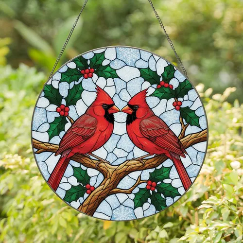 Northern Cardinals Holly Berries Snow - Winter Wildlife Home Decor Gift Stained Glass Suncatcher