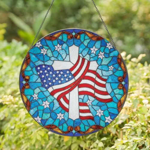 White Cross American Flag - Independence Day Gift for Veterans Stained Glass Suncatcher