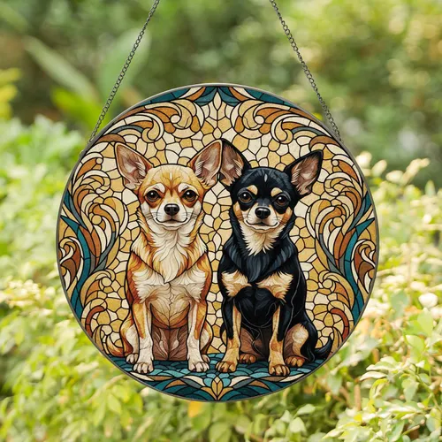 Two Chihuahuas Leafy Floral - Dog Lover Home Decor Gift Stained Glass Suncatcher