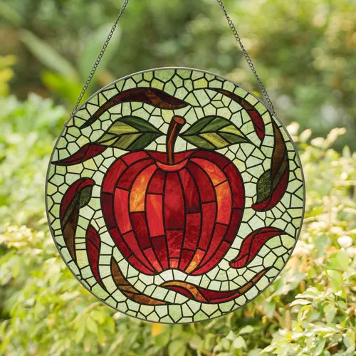 Vibrant Plump Red Apple Dark Brown Stem Green Leaves Home Decor Gift for Garden Lover Stained Glass Suncatcher