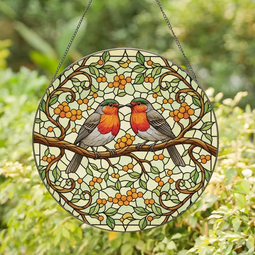 Robins Pair Branch Berries Leaves - Wildlife Lover Home Decor Gift Stained Glass Suncatcher