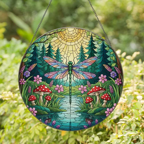 Iridescent Dragonfly Forest Mushroom Wildflower Water - Nature Lover Home Decor Gift Stained Glass Suncatcher