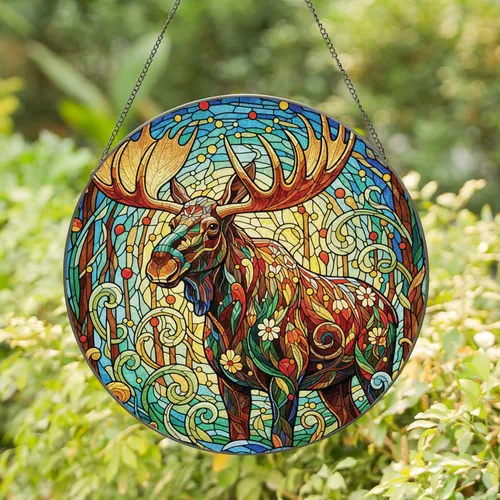 Moose Colorful Antlers Floral Botanical Forest - Home Decor Wildlife Lover Gift Stained Glass Suncatcher