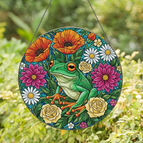 Green Tree Frog Orange Eyes Blooming Floral Garden - Home Decor Gift for Garden Lover Stained Glass Suncatcher