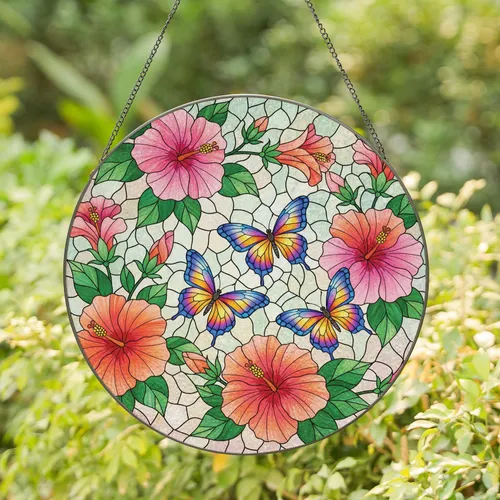 Three Butterflies Hibiscus Flowers Lush Leaves Mosaic - Home Decor Gift for Garden Lover Stained Glass Suncatcher
