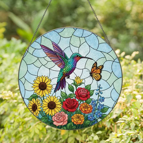 Hummingbird Monarch Butterfly Garden Flowers - Wildlife Lover Gift Stained Glass Suncatcher