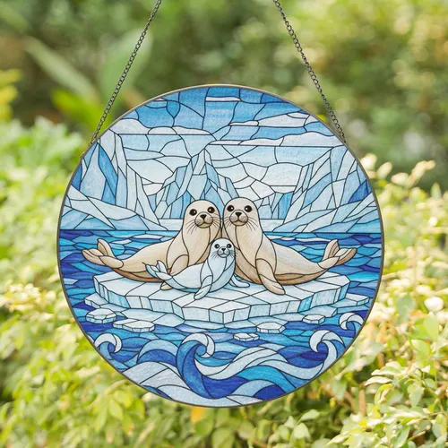 Family of Three Seals Ice Floe Arctic Scene - Wildlife Lover Decor Gift Stained Glass Suncatcher