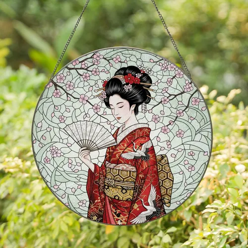 Japanese Woman Kimono Fan Cherry Blossom - Home Decor Gift for Her Stained Glass Suncatcher