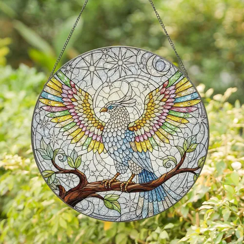 Fantasy Bird Iridescent Wings Gnarled Branch - Nature Lover Home Decor Gift Stained Glass Suncatcher