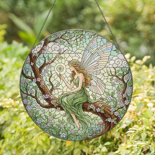 Fairy Dandelion Branch Forest Glade - Home Decor Gift for Fairy Lover Stained Glass Suncatcher