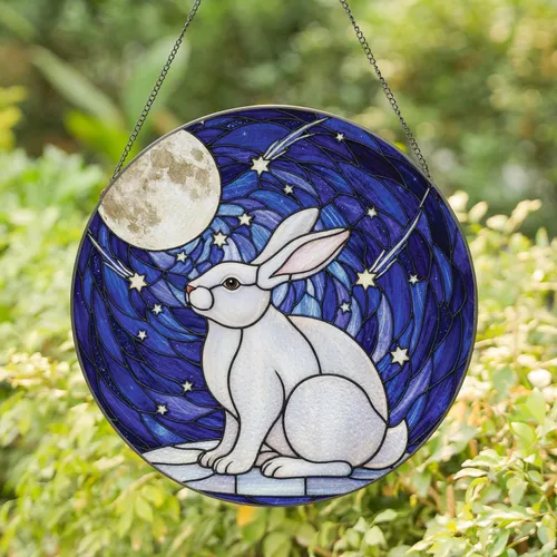 White Rabbit Moon Stars Celestial Night Sky - Home Decor Gift for Rabbit Lover Stained Glass Suncatcher