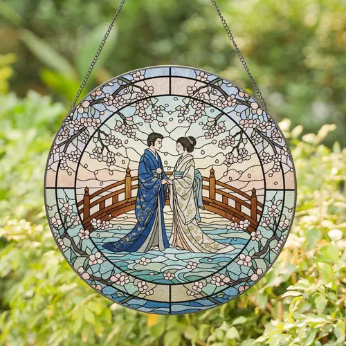 Loving Couple Cherry Blossom Bridge - Romance & Connection Home Decor Gift for Couples Stained Glass Suncatcher