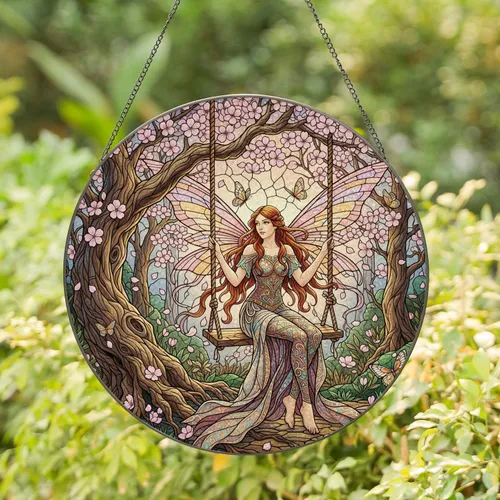 Winged Fairy Wooden Swing Cherry Blossom Magical Forest - Fantasy Home Decor Gift Stained Glass Suncatcher