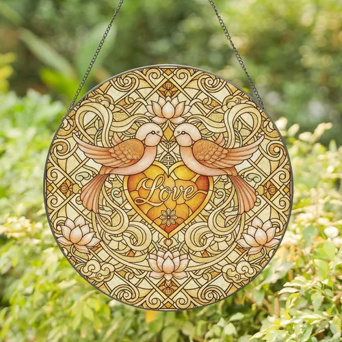 Lovebirds Heart Cursive Love Lotus - Wedding Home Decor Gift for Couples Stained Glass Suncatcher
