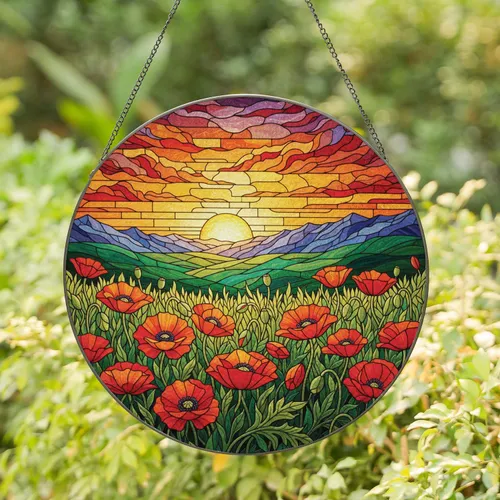 Stained Glass Poppies Field Sunset Mountain Scene - Home Decor Gift for Garden Lover Stained Glass Suncatcher