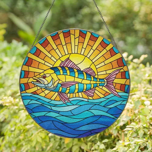Multi-Colored Game Fish Sunburst Ocean Waves - Beach House Decor Gift for Ocean Lovers Stained Glass Suncatcher