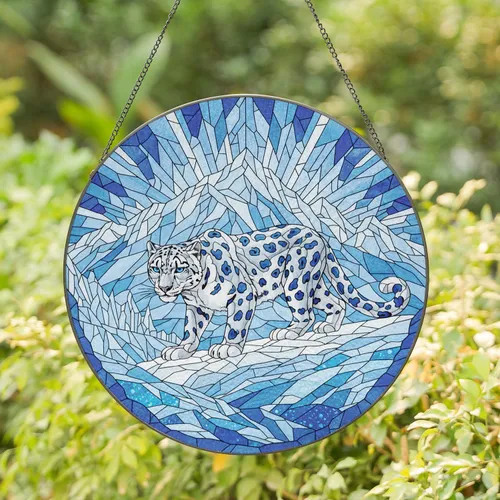 Blue Eyed Snow Leopard Snowy Mountain Landscape - Wildlife Lover Home Decor Gift Stained Glass Suncatcher