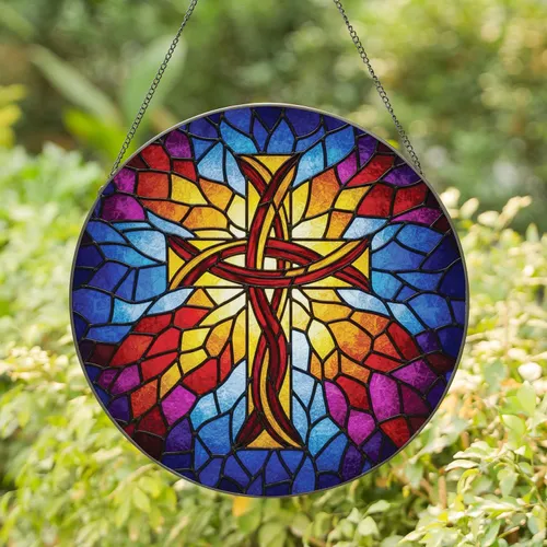 Christian Cross Ichthys Stained Glass Mosaic - Home Decor Gift Stained Glass Suncatcher