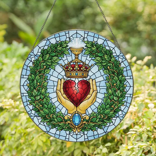 Cupped Hands Fractured Heart Golden Crown Chalice Lush Wreath Sky Mosaic - Meaningful Home Decor Gift Stained Glass Suncatcher
