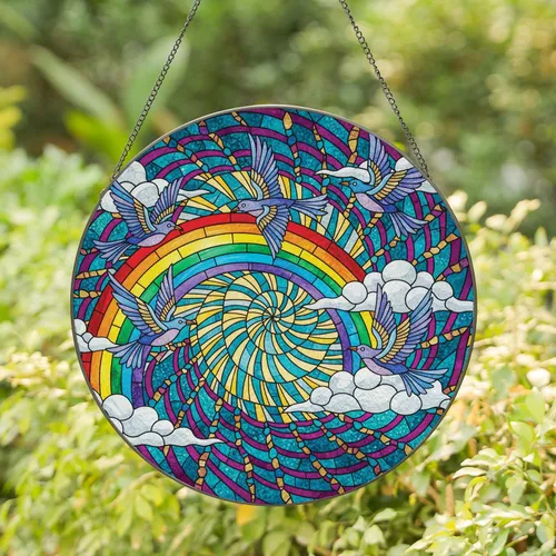 Curved Rainbow Arch Soaring Birds Celestial Rays Swirling Sky - Home Decor Gift for Bird Lover Stained Glass Suncatcher