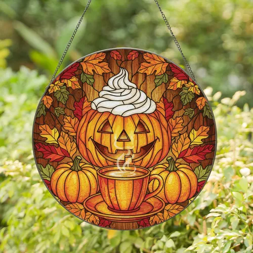 Jack-o'-lantern Whipped Cream Coffee Mug Wood Grain Fall Leaves - Halloween Party Decor Stained Glass Suncatcher