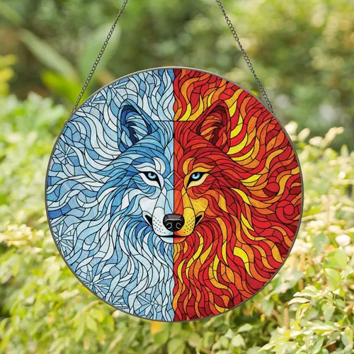 Stained Glass Wolf Head with Ice Frost and Swirling Flames - Home Decor Gift for Wildlife Lover Stained Glass Suncatcher
