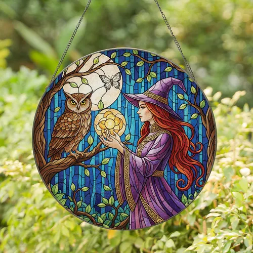 Red Hair Witch Owl Full Moon Orb Forest Tree Branches - Home Decor Gift for Witch Lover Stained Glass Suncatcher
