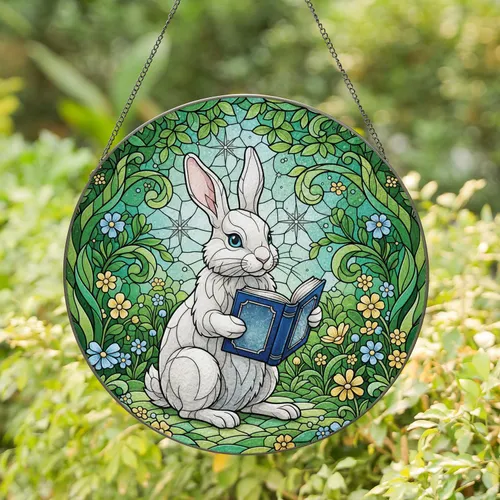 White Rabbit Reading Book Forest Wildflowers - Home Decor Gift Stained Glass Suncatcher