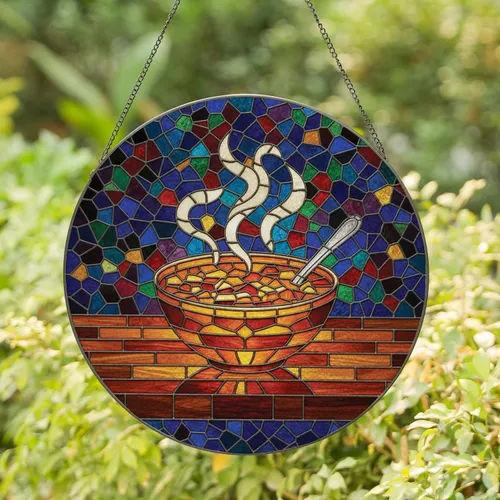 Steaming Soup Bowl Silver Spoon Rich Wood Table - Culinary Home Decor Gift for Foodies Stained Glass Suncatcher