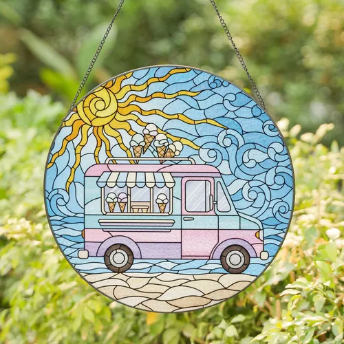 Ice Cream Truck Ocean Sun Scene - Home Decor Gift for Sweet Treat Lover Stained Glass Suncatcher