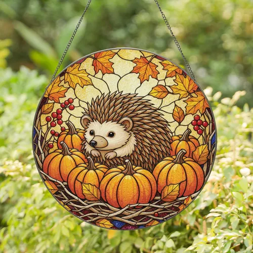 Hedgehog Pumpkin Autumn Leaves Stained Glass Mosaic - Home Decor Gift for Wildlife Lover Stained Glass Suncatcher
