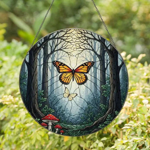 Monarch Butterfly Pale Yellow Butterfly Dense Forest Gnarled Trees - Home Decor Gift Stained Glass Suncatcher