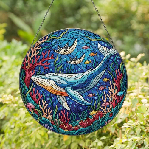 Majestic Whale Underwater Coral Fish Manta Rays - Ocean Lover Home Decor Gift Stained Glass Suncatcher