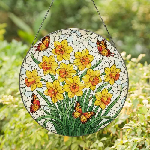 Yellow Orange Daffodil Diverse Butterfly Garden Bloom - Home Decor Gift for Garden Lovers Stained Glass Suncatcher