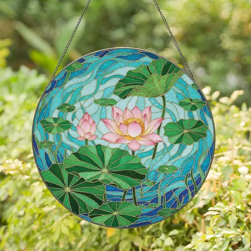 Pink Lotus Water Garden Gold Lead - Home Decor Gift for Garden Lover Stained Glass Suncatcher