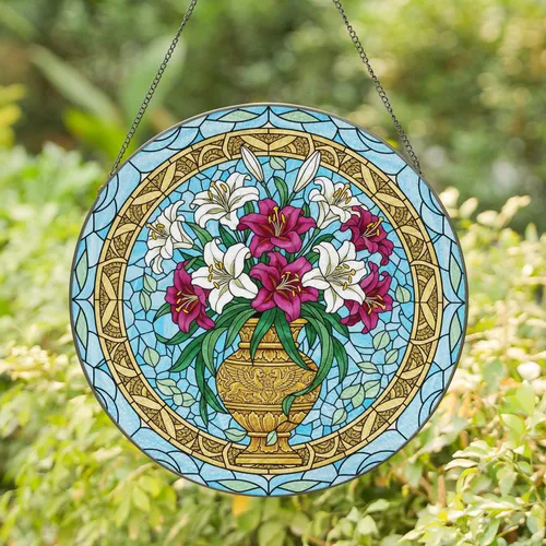 Stained Glass Lily Bouquet Golden Vase - Home Decor Gift for Garden Lover Stained Glass Suncatcher