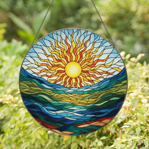 Golden Sun Wavy Rays Layered Landscape Sky - Home Decor Gift Stained Glass Suncatcher